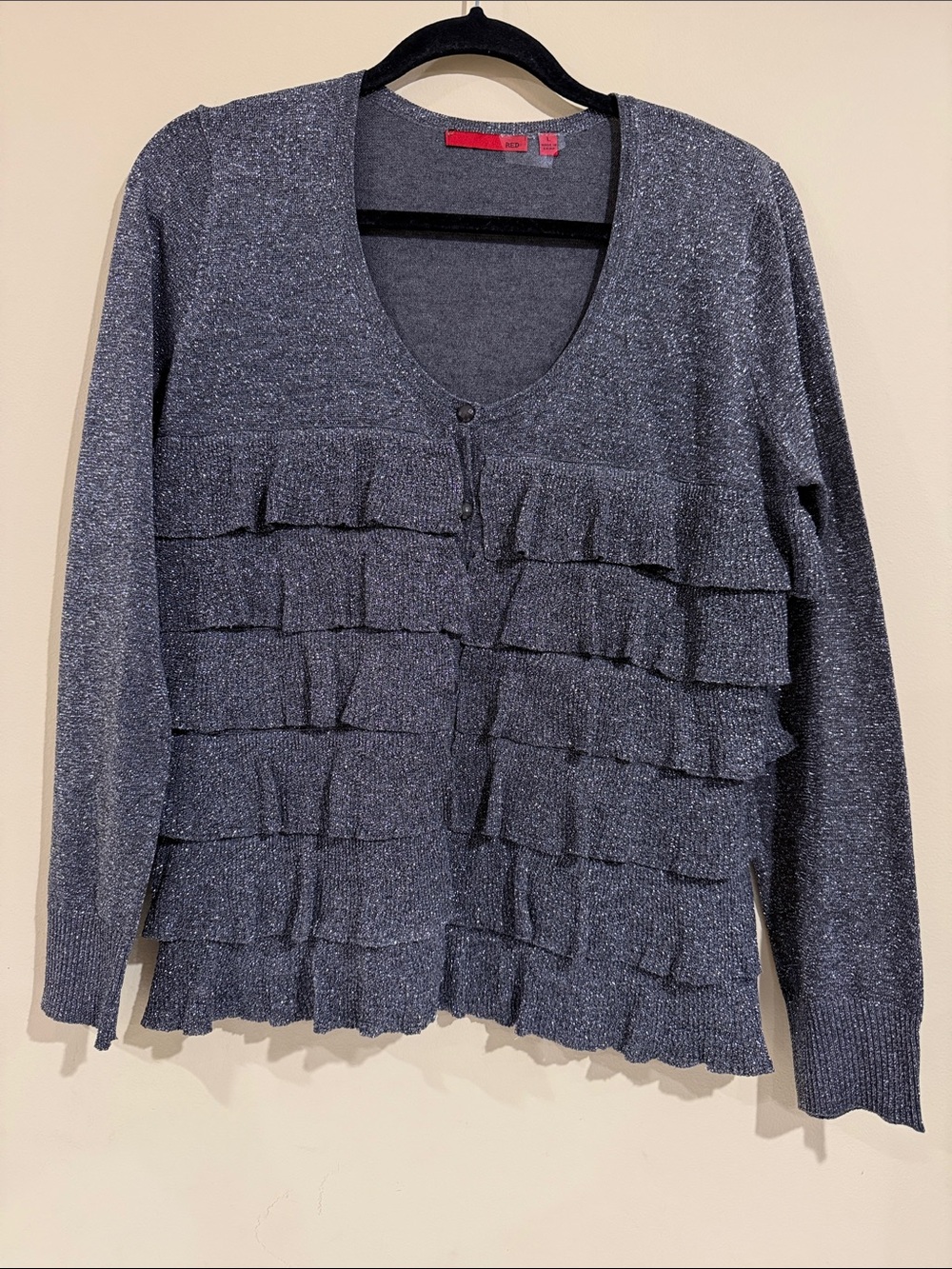 Red Metallic Gray Ruffled Cardigan by Red